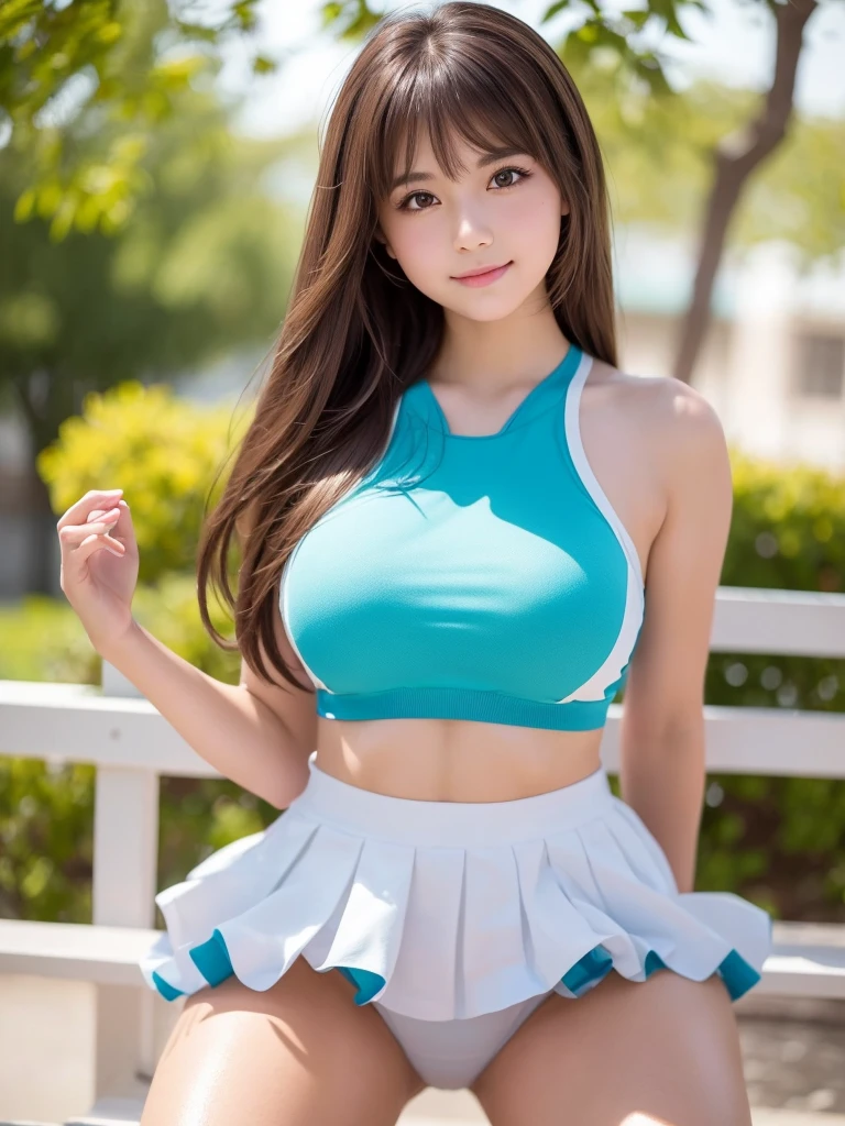 masterpiece, Highest quality, Very detailed, High resolution, (Realistic, photoRealistic:1.37), Excellent anatomy, One beautiful woman, 18-year-old, Height: 152cm, Colorful cheerleader, Large colorful pom poms, (Hold in both hands:1.3), A small smile, cheer leading, Cheerleader uniform, (shape), Tank top, Micro Pleated Mini Skirt, ((Very delicate and beautiful)), (Bokeh, Blurred outdoor background), Brown Hair, Long Hair, bangs, Very beautiful face, Cute type, Big Natural Color Lip, Small and cute nose, Big and pretty eyes, Brown eyes, Obvious double, Shiny highlight spots around the eyes, Character Focus, Tilt your head, The best light, Best Shadow, mysterious, Perfect Face, Very detailed, Soft Skin, (Glowing Skin, Sweaty: 1.2), Beautiful feet, Voluptuous thighs, Plump body, Huge breasts, (Expresses the roundness and softness of the chest area.........1), Beautiful body, (A perfect feminine figure), Spread your legs, (Provocative dynamic pose), Skirt flip,