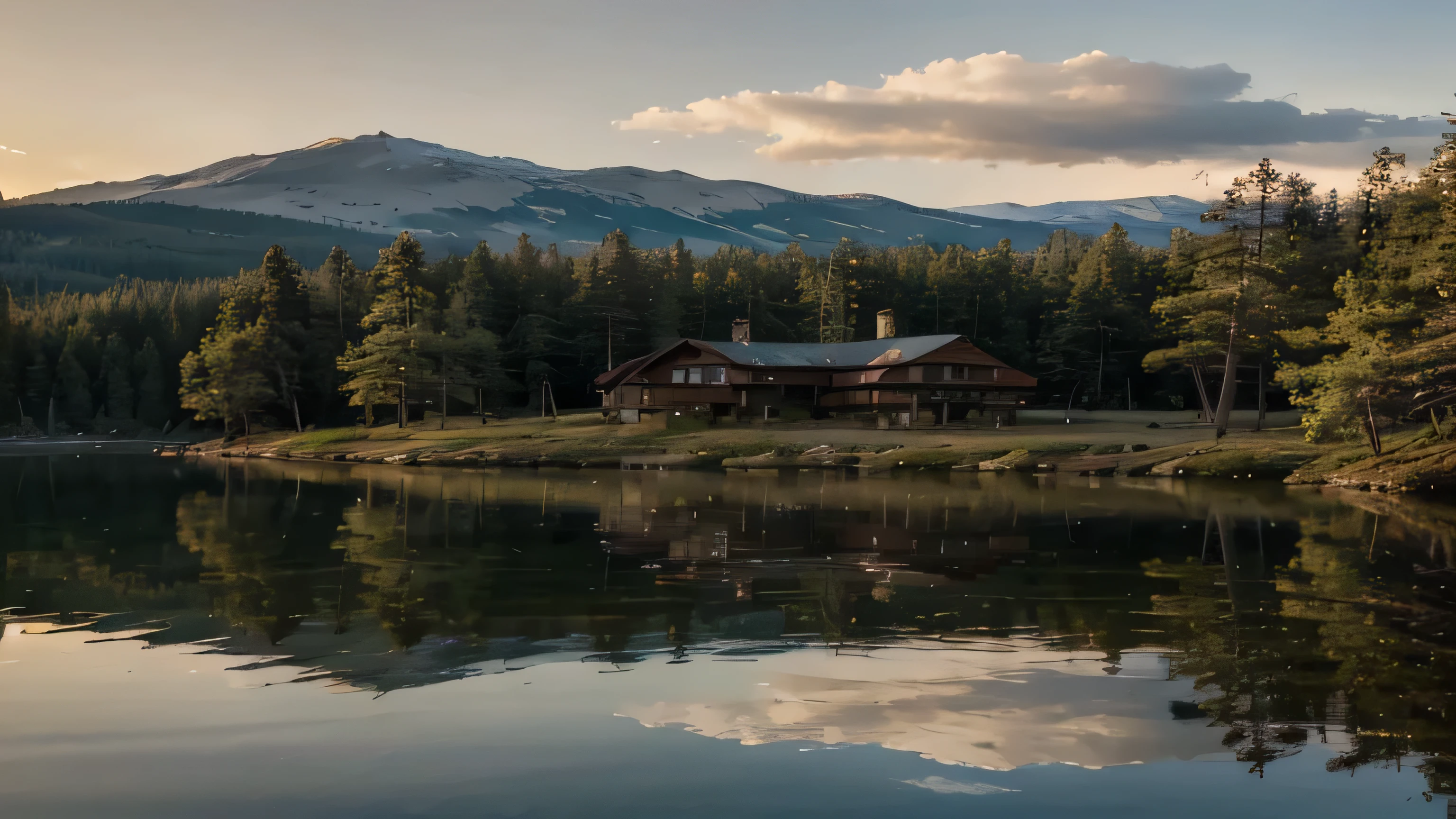 big northen lake with pine forest shores, wooden house on the bank, soft sunset light, real photo quality