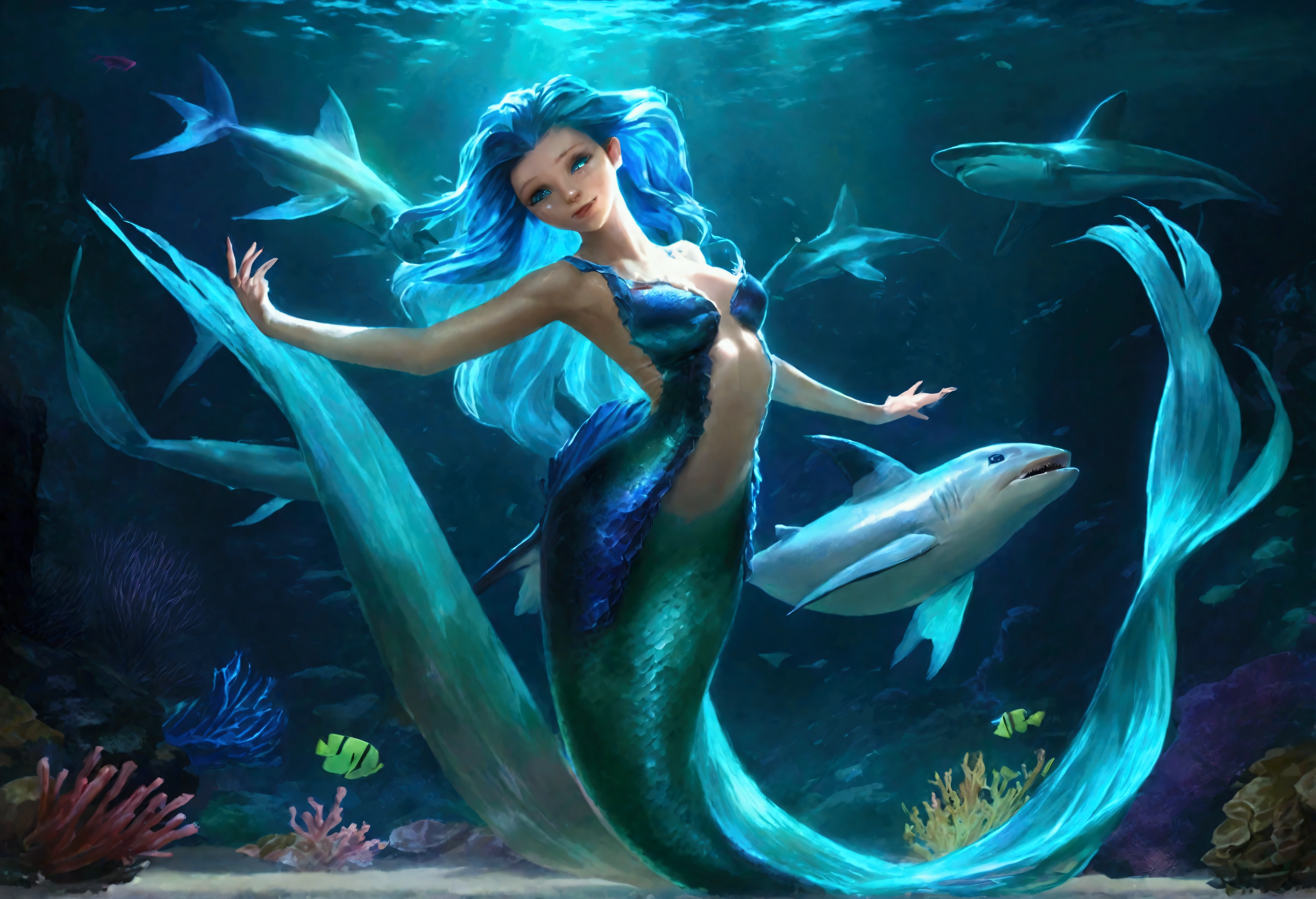 a cute woman mermaid, turquoise hair, pale skin, blue scales, breast covers, dancing with a blue shark, deep in the ocean, glowing creatures, lighting the scene, best quality,4k,8k,highres,masterpiece:1.2,ultra-detailed,realistic,photorealistic,photo-realistic:1.37,fantasy,underwater,ocean,marine life,bioluminescence,colorful,vibrant,cinematic lighting,dramatic