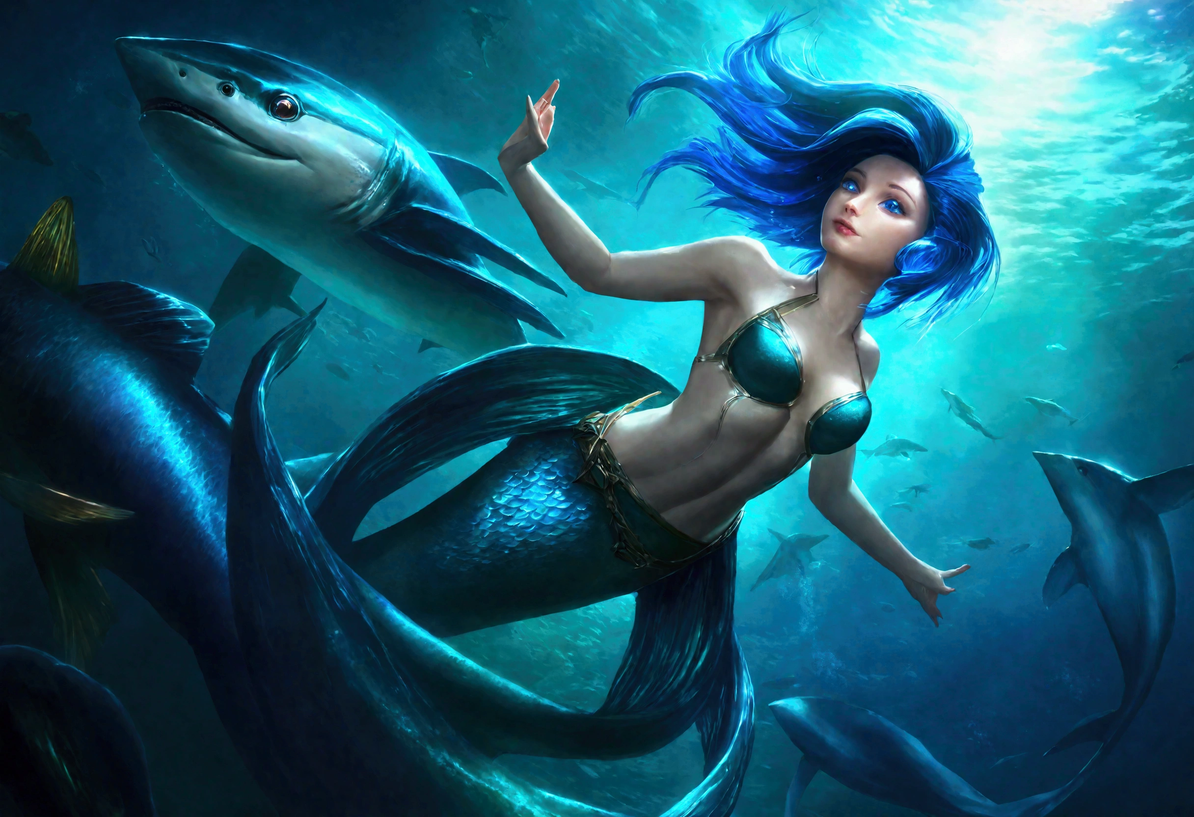 a cute woman mermaid, turquoise hair, pale skin, blue scales, breast covers, dancing with a blue shark, deep in the ocean, glowing creatures, lighting the scene, best quality,4k,8k,highres,masterpiece:1.2,ultra-detailed,realistic,photorealistic,photo-realistic:1.37,fantasy,underwater,ocean,marine life,bioluminescence,colorful,vibrant,cinematic lighting,dramatic