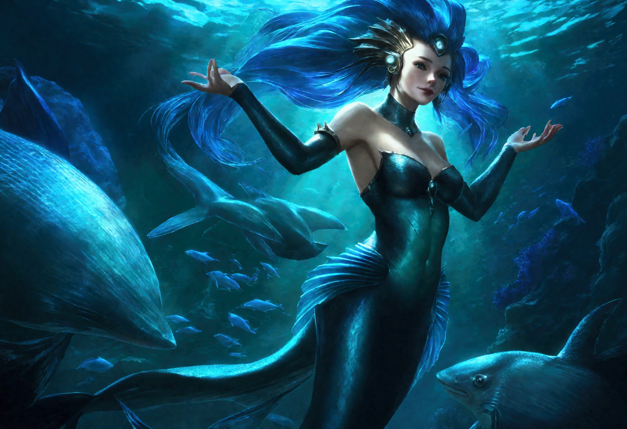 a cute woman mermaid, turquoise hair, pale skin, blue scales, breast covers, dancing with a blue shark, deep in the ocean, glowing creatures, lighting the scene, best quality,4k,8k,highres,masterpiece:1.2,ultra-detailed,realistic,photorealistic,photo-realistic:1.37,fantasy,underwater,ocean,marine life,bioluminescence,colorful,vibrant,cinematic lighting,dramatic