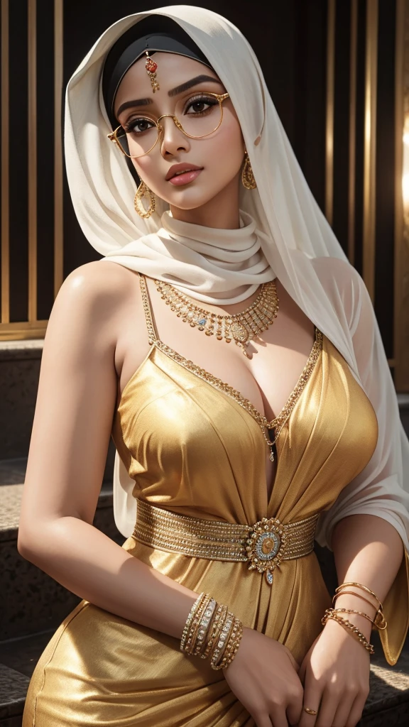 a beautiful hijabi glasses girl, , detailed face, expressive eyes, luscious lips, shy expression, voluptuous figure, wearing a sexy white kebaya and batik, golden bangles, bracelets, necklaces, swiss golden watch, lying on stairs, dramatic lighting, cinematic, color graded, award winning, elegant, feminine, intricate details, luxurious, high fashion, glamorous, alluring, hyper detailed, ultra-realistic, 8k, photorealistic