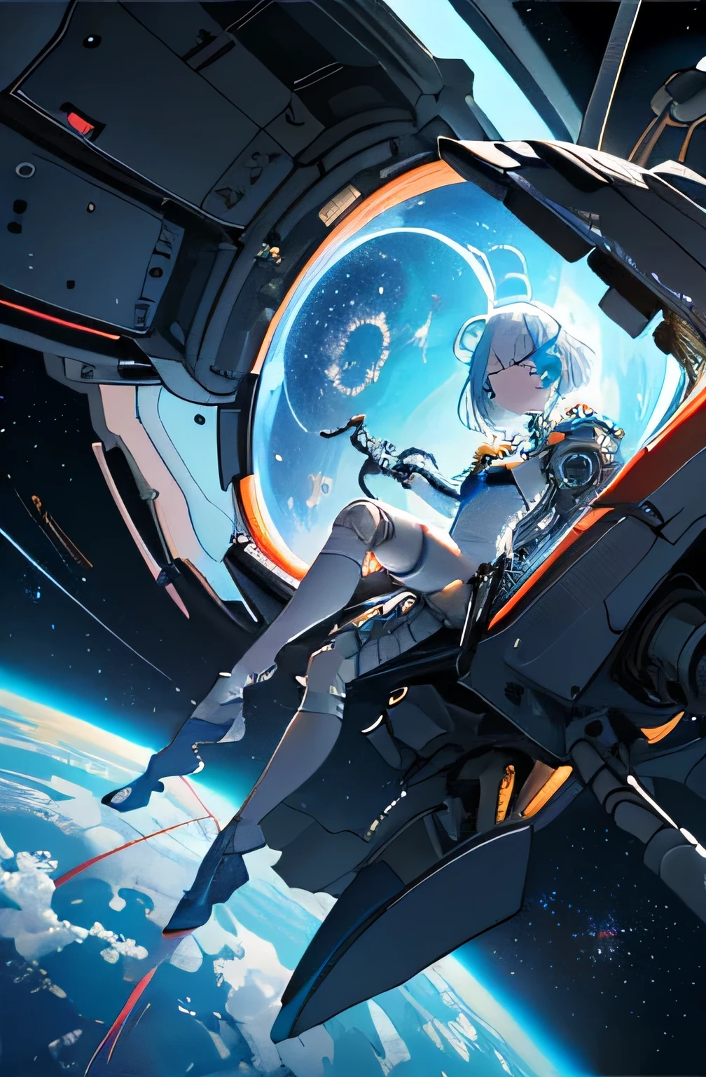 (((masterpiece))), (((Highest quality))), ((Very detailed)), (Highly detailed CG illustrations), ((Very delicate and beautiful)),(From the side),Cinematic Light,((1. Machine Girl)),alone,whole body,(Machine made joints:1.2),((Mechanical limbs)),(Blood vessels connected to tubes),(Mechanical vertebrae attached to the back),((Cervical vertebrae mechanically attached to the neck)),(Sitting),Expressionless,(Wires and cables around the neck:1.2),(Cable connected to tailbone)、(Overhead wires and cables:1.2)(Character Focus),sf,Very detailed,colorful,Most detailed、A starry sky, mysterious,Outdoor、 Awe-inspiring expressions, Dynamic pose、 The blood vessels of the machine connected to the groin、ceremony、Giant planet in the background、Inspiration, 3One month, bangs,poker face,Cables connected to nipples,Tube leading to vagina、Spread your legs、 Inside the spaceship, Starry Sky, Fine , On the water, Ocean, ancient ruins、Big Clouds,Colored glaze,Dynamic composition、Huge spaceship、Mechanical veins connecting the spacecraft to the body、Fisheye Lens、