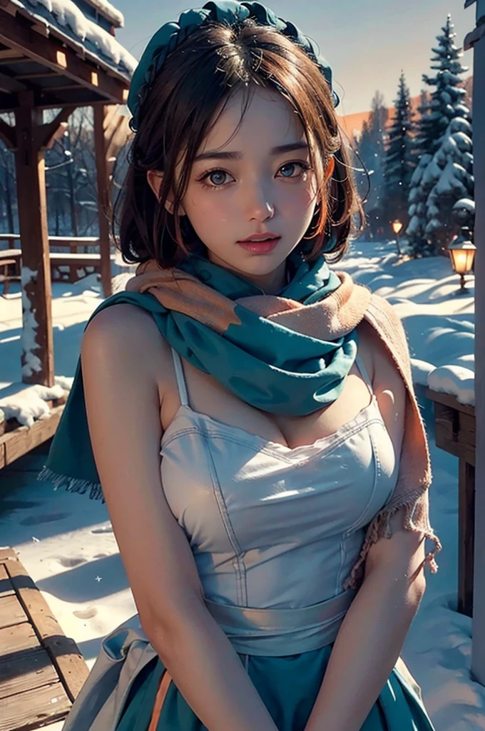 Masterpiece,best quality,official art,Very detailed CG unity 8k wallpaper.,big breasts, 1 girl, upper body, face close up,scarf, maid, snow shelter,combination of touch, Medium shot, Bokeh, (HDR:1.4), high contrast, (cinema, teal and orange:0.85), (muted colors, dim colors, soothing color tones:1.3),