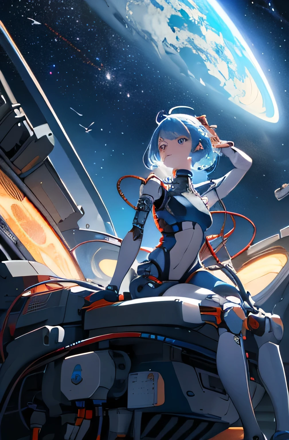 (((masterpiece))), (((Highest quality))), ((Very detailed)), (Highly detailed CG illustrations), ((Very delicate and beautiful)),(From the side),Cinematic Light,((1. Machine Girl)),alone,whole body,(Machine made joints:1.2),((Mechanical limbs)),(Blood vessels connected to tubes),(Mechanical vertebrae attached to the back),((Cervical vertebrae mechanically attached to the neck)),(Sitting),Expressionless,(Wires and cables around the neck:1.2),(Cable connected to tailbone)、(Overhead wires and cables:1.2)(Character Focus),sf,Very detailed,colorful,Most detailed、A starry sky, mysterious,Outdoor、 Awe-inspiring expressions, Dynamic pose、 The blood vessels of the machine connected to the groin、ceremony、Giant planet in the background、Inspiration, ３One month, bangs,poker face,Cables connected to nipples,Tube leading to vagina、Spread your legs、 Inside the spaceship, Starry Sky, Fine , On the water, Ocean, ancient ruins、Big Clouds,Colored glaze,Dynamic composition、Huge spaceship、Mechanical veins connecting the spacecraft to the body、Fisheye Lens、
