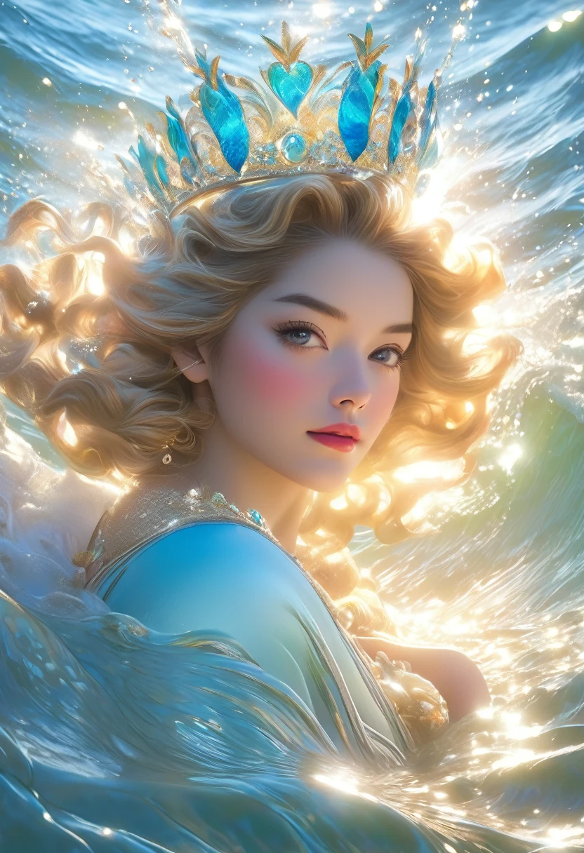 A beautiful glorious woman, 8K Ultra HD, the apple crown 8K Ultra HD, ultra-realistic, In the gentle embrace of the tranquil waters, behold a mesmerizing spectacle - the ripples dancing in perfect harmony, converging into the shape of a crown, Each droplet, like a painter's brushstroke, contributes to this exquisite masterpiece of nature's artistry, The crown-shaped pattern shimmers with a mesmerizing radiance, reflecting the sun's golden hues and the azure of the sky above, As the waves gently caress the shore, the crown's form remains fleeting, yet etched forever in the memories of those fortunate enough to witness this enchanting sight, The water's embrace creates a symbol of love and serenity, reminding us of the profound beauty and magic that nature can bestow upon us, by yukisakura, highly detailed,