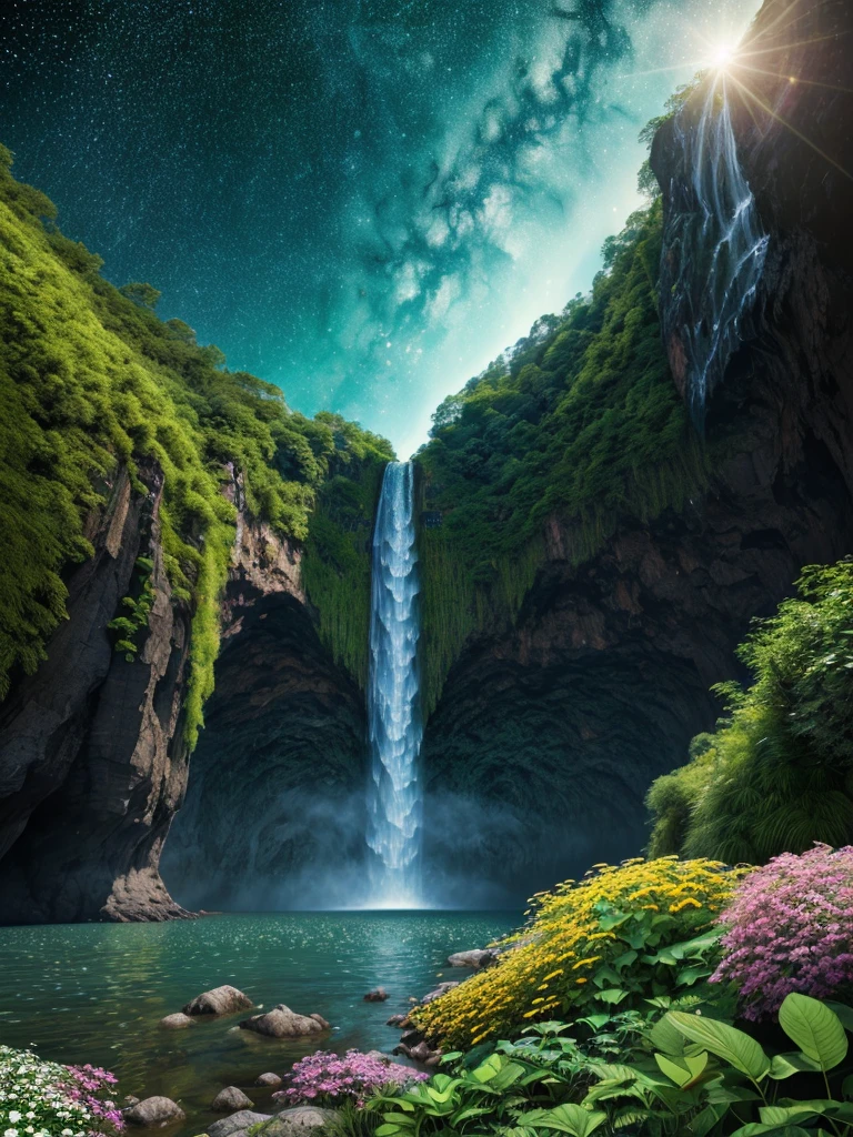 Ultra-Real 8K, Super detailed, (Top quality digital illustration masterpiece of earth in outer space), ((no one〜do not have)) (Beautiful earth illustration), (Vibrant green nature and vegetation), (flowering plant), ((waterfall)), (Bright Star), (Hyper Detail, Dynamic Camera), (Wide-angle), (Celestial Illumination), (Vivid colors and saturation), (Trending on Art Station,