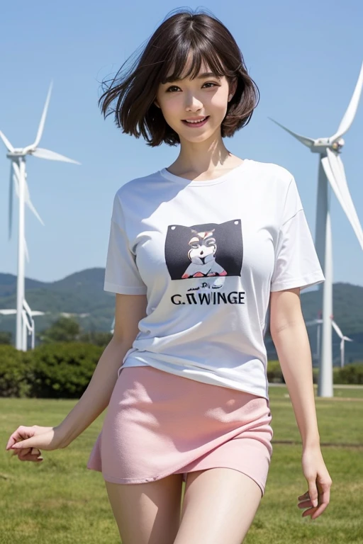 (One Girl), Very cute face, Great face and eyes, (Highly detailed eyes, Highly detailed face), Fresh, Very beautiful appearance, (Ultra-realistic, High resolution), (Highest quality:1.4), RAW Photos, (Realistic, Photorealistic:1.37), Professional photography,Leg Details、(Spread your legs:0.8)、(Lace panties:0.9)、(Wind power increase:1.6)、city、Outdoor、Big Breasts、Casual clothing、T-Shirts、Plain、skirt、whole body、short hair、Tanuki face、smile