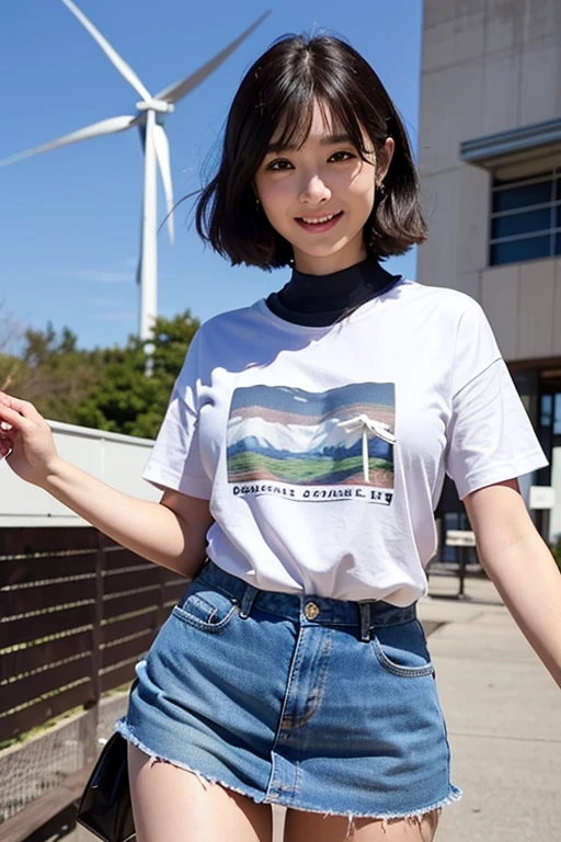 (One Girl), Very cute face, Great face and eyes, (Highly detailed eyes, Highly detailed face), Fresh, Very beautiful appearance, (Ultra-realistic, High resolution), (Highest quality:1.4), RAW Photos, (Realistic, Photorealistic:1.37), Professional photography,Leg Details、(Spread your legs:0.8)、(Lace panties:0.9)、(Wind power increase:1.6)、city、Outdoor、Big Breasts、Casual clothing、T-Shirts、Plain、skirt、whole body、short hair、Tanuki face、smile