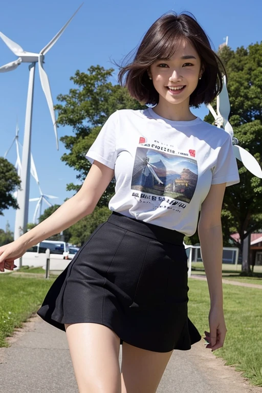 (One Girl), Very cute face, Great face and eyes, (Highly detailed eyes, Highly detailed face), Fresh, Very beautiful appearance, (Ultra-realistic, High resolution), (Highest quality:1.4), RAW Photos, (Realistic, Photorealistic:1.37), Professional photography,Leg Details、(Spread your legs:0.8)、(Lace panties:0.9)、(Wind power increase:1.6)、city、Outdoor、Big Breasts、Casual clothing、T-Shirts、Plain、skirt、whole body、short hair、Tanuki face、smile