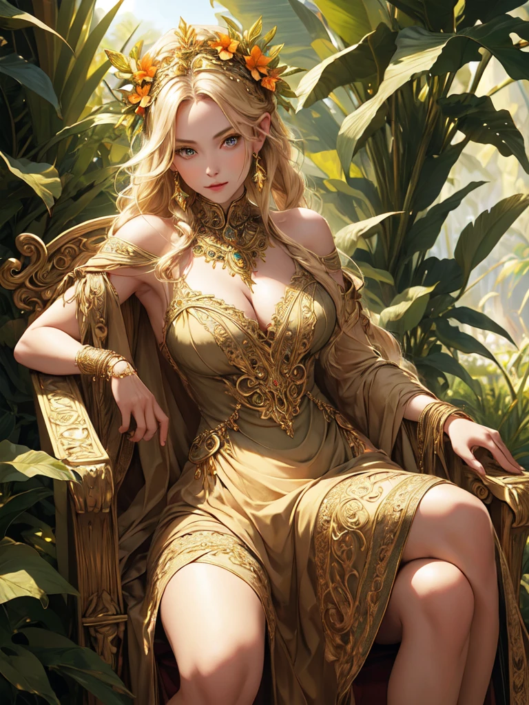 (complex parts),
Sun Ray, depth of field,
ковбойский снимок BREAK 1girl, sitting,
(curvy body), thin waist, wide hips, big hips,
blonde hair, long braided hair, green eyes, pointed ears,
(ornate outfit), revealing dress with gold trim,
(ornate jewelry), Wreath on the head, BREAK throne room gold trim necklace, jungle, hibiscus flowers