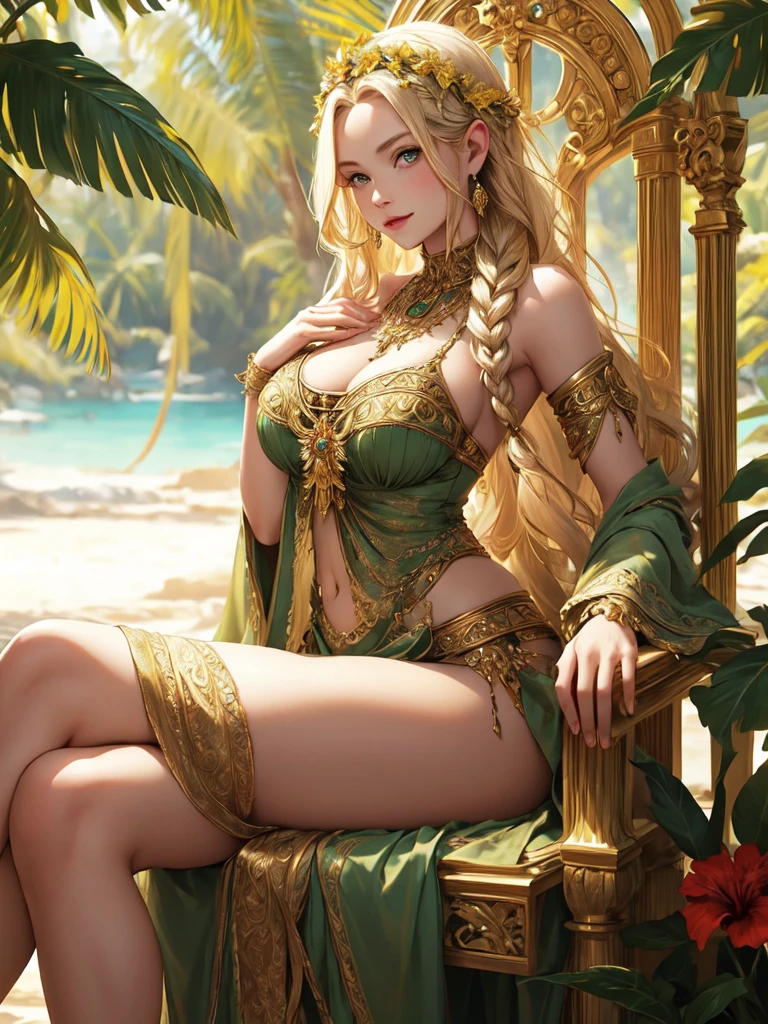 (complex parts),
Sun Ray, depth of field,
ковбойский снимок BREAK 1girl, sitting,
(curvy body), thin waist, wide hips, big hips,
blonde hair, long braided hair, green eyes, pointed ears,
(ornate outfit), revealing dress with gold trim,
(ornate jewelry), Wreath on the head, BREAK throne room gold trim necklace, jungle, hibiscus flowers