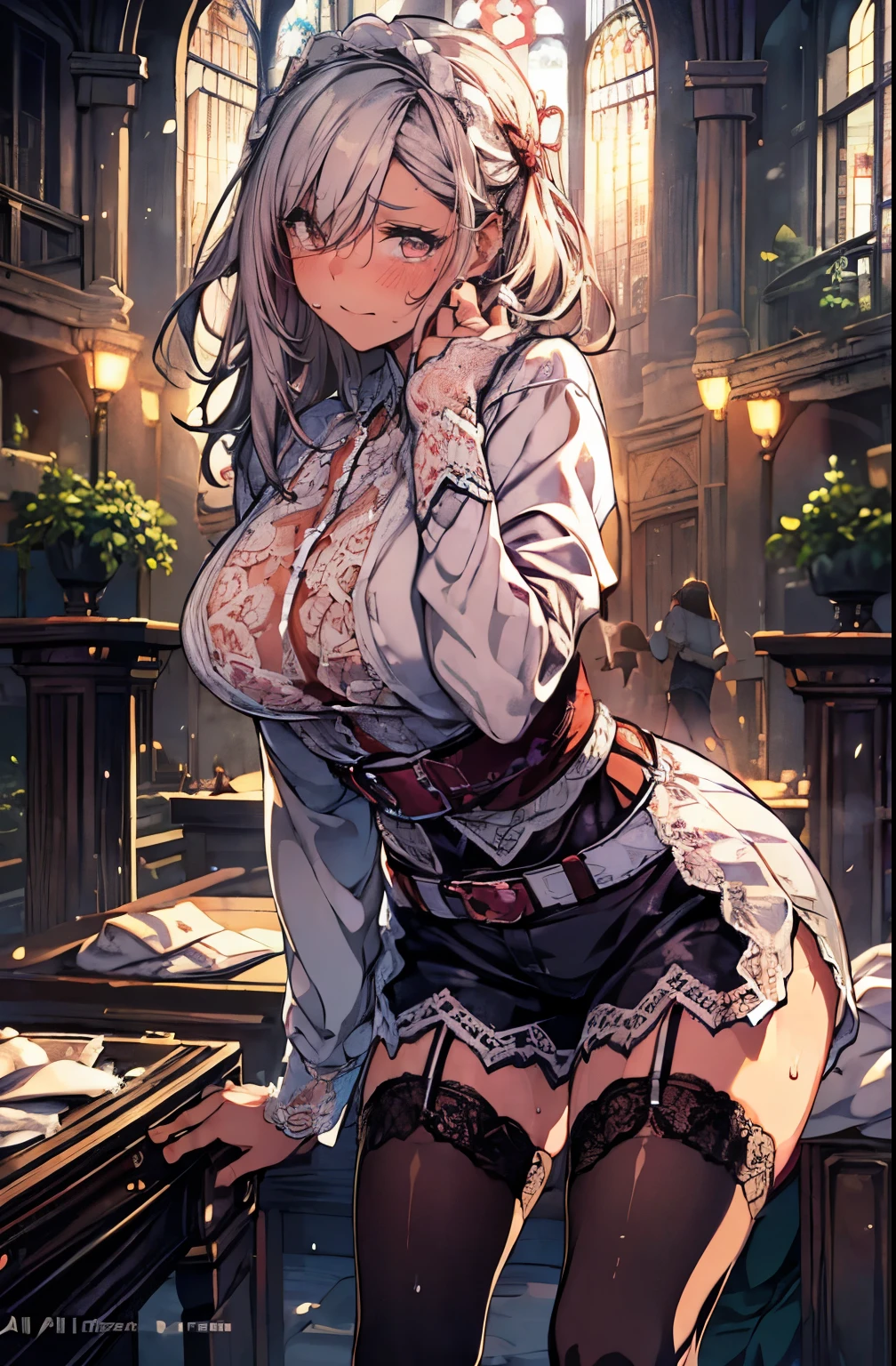 (woman),(((belt))),((erect)),(clean,sacred),(((intense orgasm))),(tears:1.2),(Sweat:1.3),((at the church:1.1)),(((No sleeve, Shorts))),(button-down,wearing lace shirt),(clothing),((Squint eyes:1.3)),(embarrassing,blush:1.3), masterpiece, Highest quality, Very detailed, Dynamic Angle, ((Perfect hands)),Great background, Meaningful Background, Absurd background, Artistic Overlays,panty,white haired woman,(maid),red eyes,(squat),Japanese anime,((stockings)),((leaning behind:1.5)),