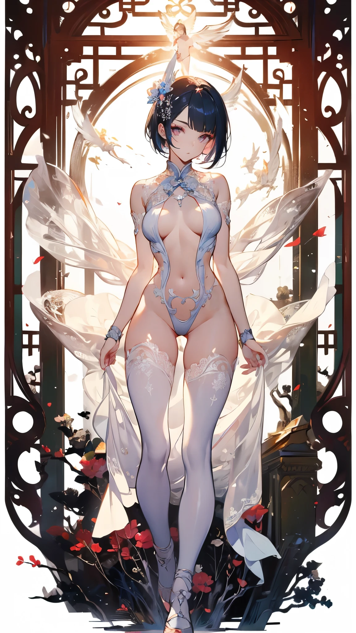 ((masterpiece, best quality)), Delicate face,Chinese Fairy,Full body painting,Perfect body proportions,short hair,beautiful eyes,Fantasy style,White background,transparent,Sex bikini,Lace,NUDE,Charm