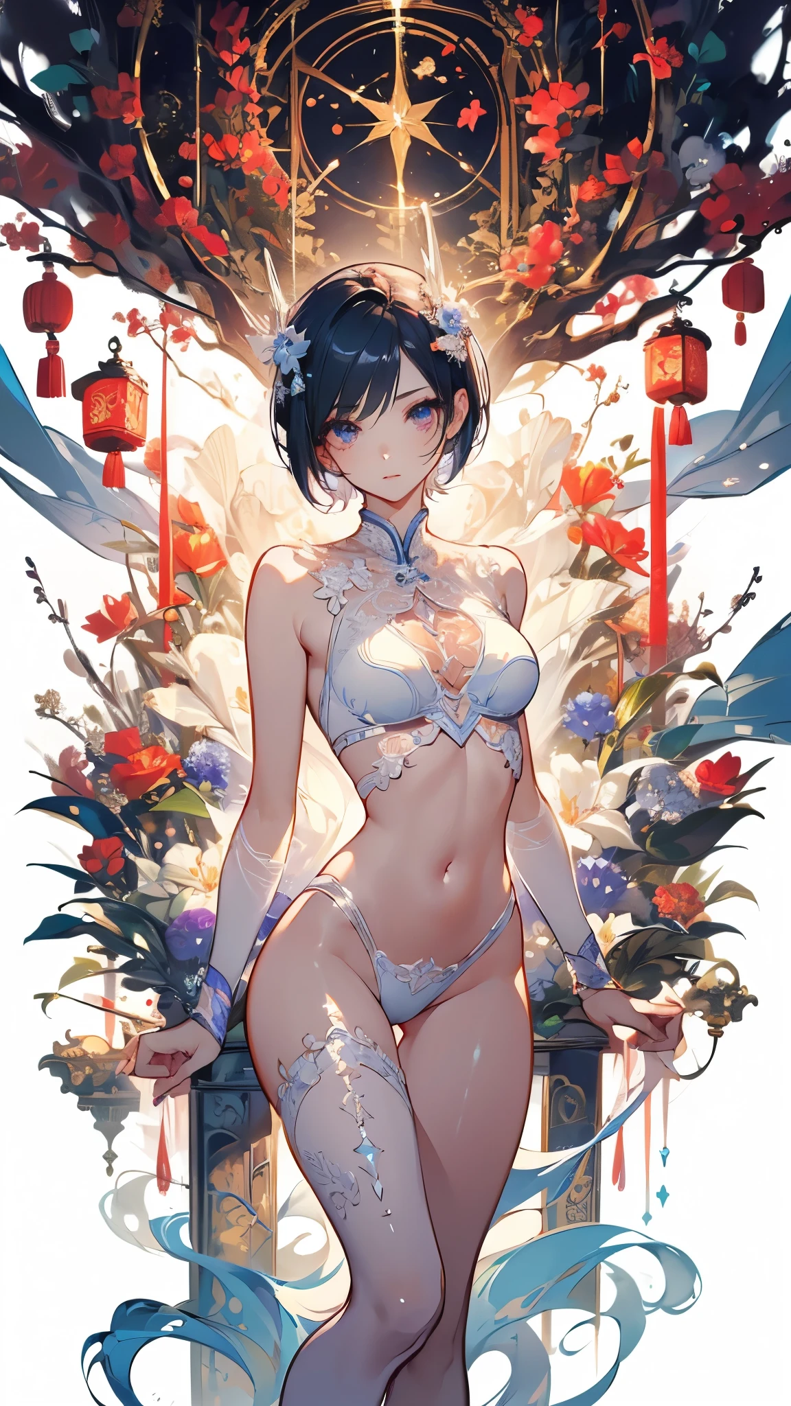 ((masterpiece, best quality)), Delicate face，Chinese Fairy，Full body painting，Perfect body proportions，short hair，beautiful eyes，Fantasy style，White background，transparent，Sex bikini，Lace，NUDE，Charm