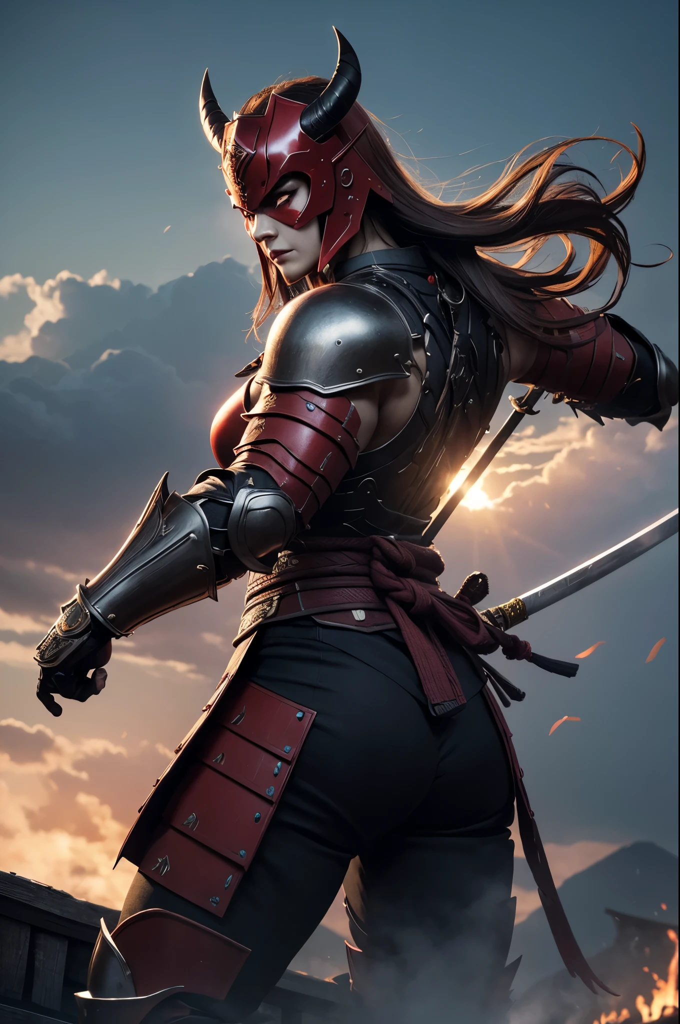 8k,(Samurai)、Devil Mask、Super Beauty(Like the real thing)、Red Armor Solo Adult Devil Woman、Muscular macho body type,Super Muscular Beauty,Bodybuilding,(Equipped with a long and large spear)、Mature Woman Big Woman Devil。Sturdy jaw(Like the real thing),Stand facing forward,Demon Armor,A wonderful work of art,((Kyoto Panel Style))、Wind effects:1.9、Cloud effect:1.2、Full Rendering,Devil makeup,masterpiece,Photorealistic RAW photos of the highest quality。Bright colors,Rich colors, Backlight, Cinema Lighting, Film Grain, 50mm lens, Nikon D850,Ultra-Realistic Skin,Fantasy art,Character Art,Ultra-high resolution,Realistic scale skins,Perfect hand shape,View your viewers,View your viewers,Top-down view,close,Uplifting,Dynamic fighting pose,