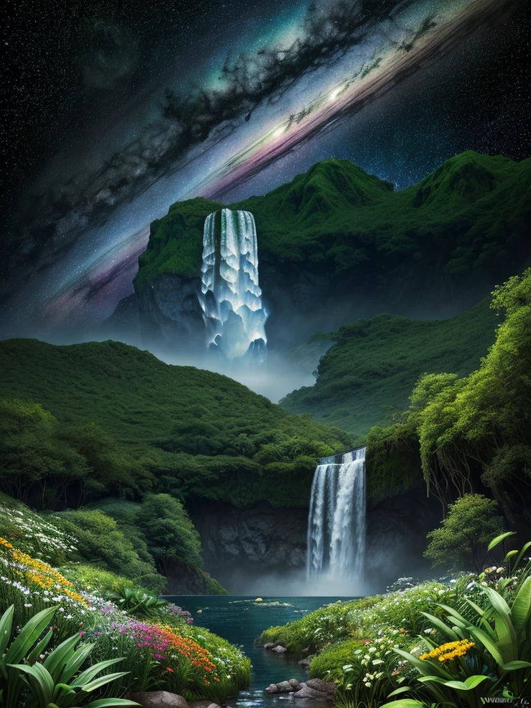 Ultra-Real 8K, Super detailed, (Top quality digital illustration masterpiece of earth in outer space), ((no one〜do not have)) (Beautiful earth illustration), (Vibrant green nature and vegetation), (flowering plant), ((waterfall)), (Bright Star), (Hyper Detail, Dynamic Camera), (Wide-angle), (Celestial Illumination), (Vivid colors and saturation), (Trending on Art Station,