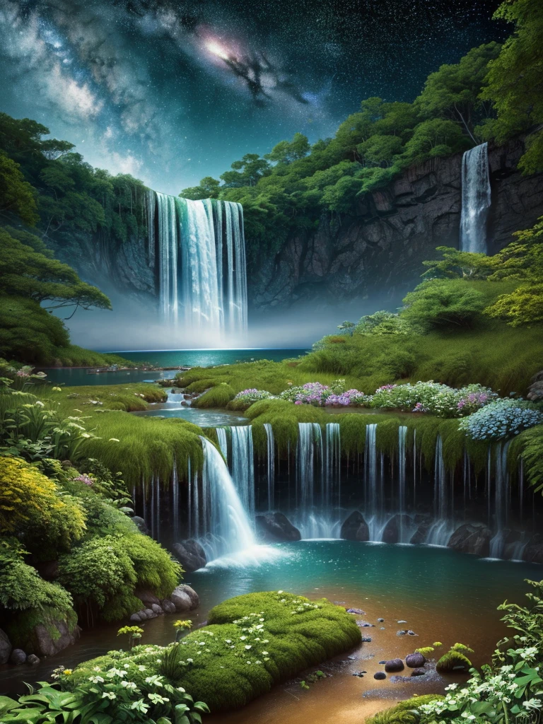 Ultra-Real 8K, Super detailed, (Top quality digital illustration masterpiece of earth in outer space), ((no one〜do not have)) (Beautiful earth illustration), (Vibrant green nature and vegetation), (flowering plant), ((waterfall)), (Bright Star), (Hyper Detail, Dynamic Camera), (Wide-angle), (Celestial Illumination), (Vivid colors and saturation), (Trending on Art Station,