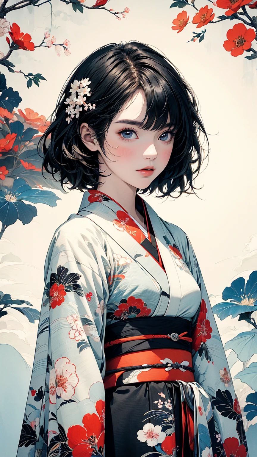 (masterpiece, High resolution, Highest quality), 20-year-old woman, Focus on the upper body, Asymmetrical short hair, kimono, Petal Collage, abstract design, artistic juxtapositions, And handle background, mixed-media approach, Anime Style, Simple lines, Digital Painting, 