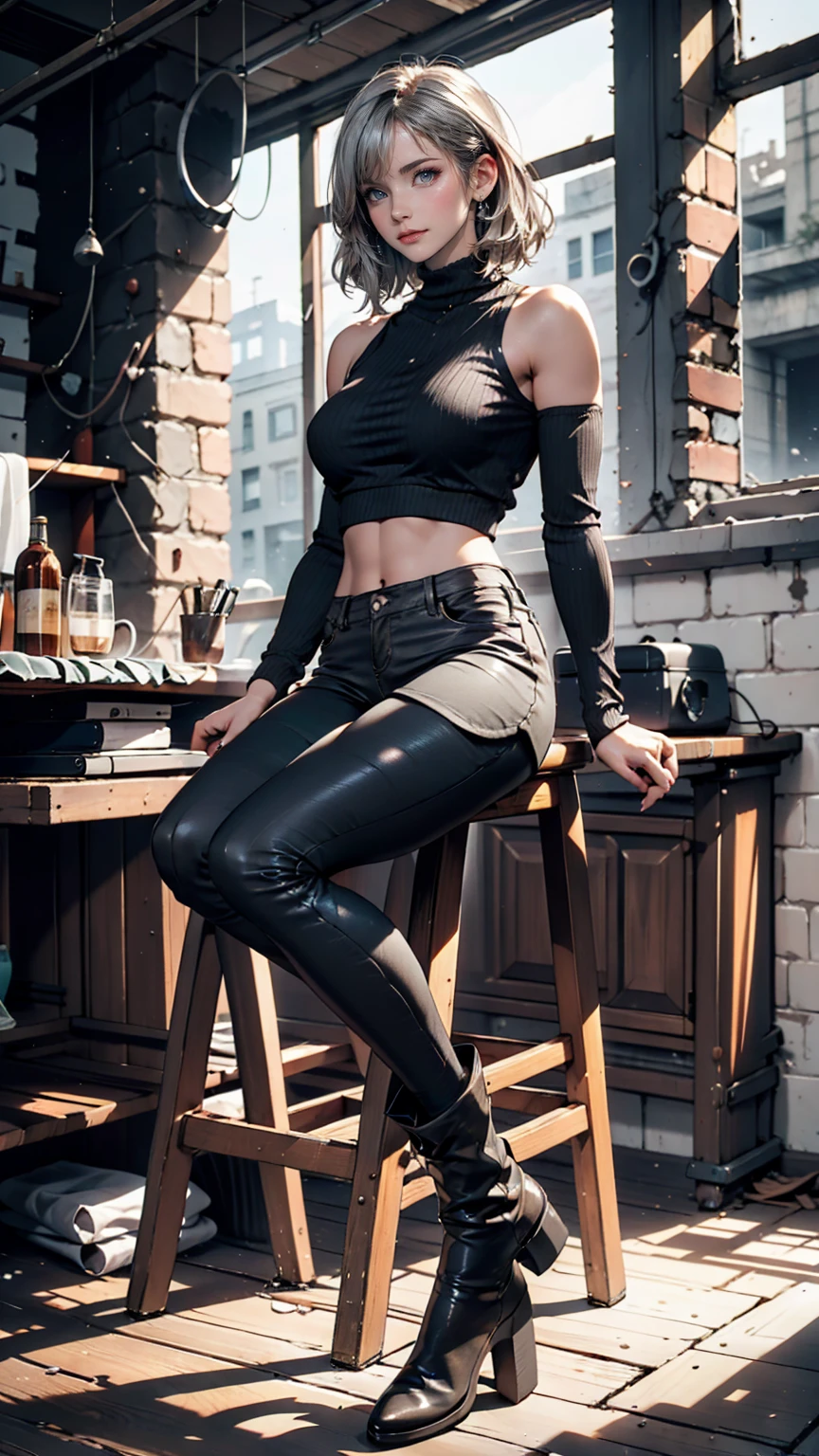 A room in the ruins of a reinforced concrete building(empty)、Unpainted concrete、A folding chair in the middle of the room、A woman sits on a metal chair、slouch、24 year old Caucasian female、Silver Hair、Shortcuts、Short leggings、High neck tops、No sleeve、short boots