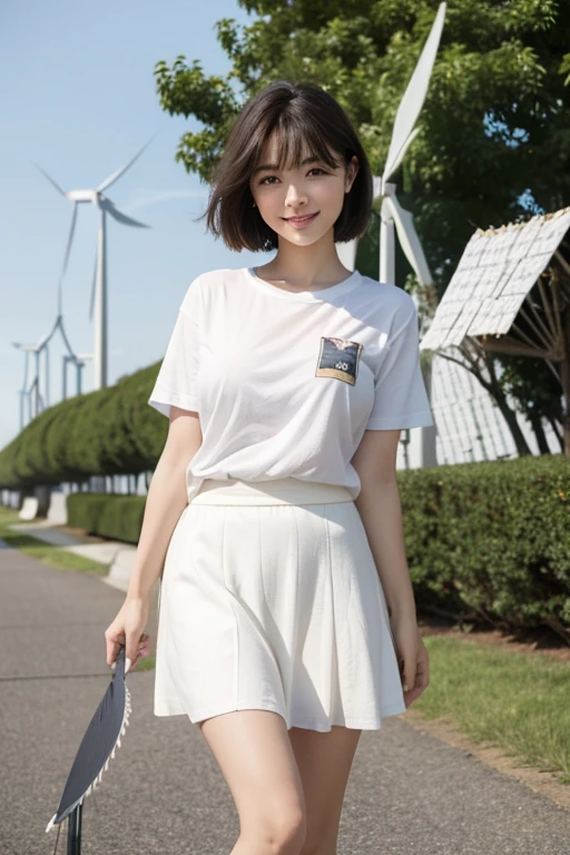 (One Girl), Very cute face, Great face and eyes, (Highly detailed eyes, Highly detailed face), Fresh, Very beautiful appearance, (Ultra-realistic, High resolution), (Highest quality:1.4), RAW Photos, (Realistic, Photorealistic:1.37), Professional photography,Leg Details、(Spread your legs:0.8)、(Lace panties:0.9)、(Wind power increase:1.6)、city、Outdoor、Big Breasts、Casual clothing、T-Shirts、Plain、skirt、whole body、short hair、Tanuki face、smile