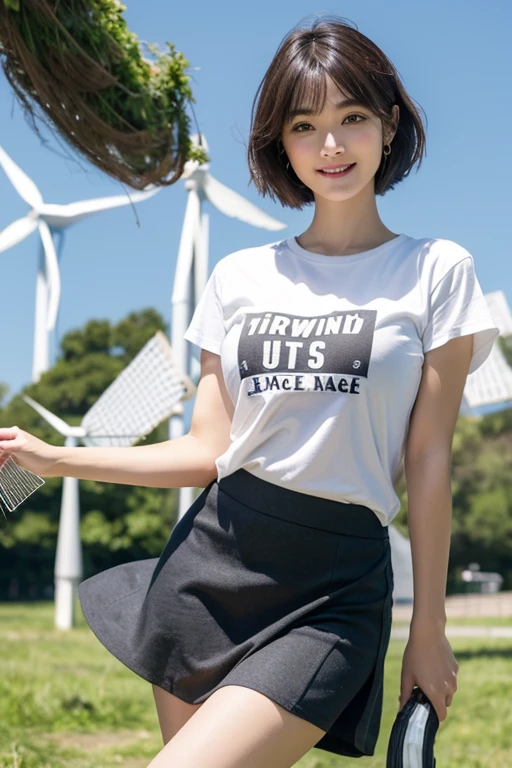(One Girl), Very cute face, Great face and eyes, (Highly detailed eyes, Highly detailed face), Fresh, Very beautiful appearance, (Ultra-realistic, High resolution), (Highest quality:1.4), RAW Photos, (Realistic, Photorealistic:1.37), Professional photography,Leg Details、(Spread your legs:0.8)、(Lace panties:0.9)、(Wind power increase:1.6)、city、Outdoor、Big Breasts、Casual clothing、T-Shirts、Plain、skirt、whole body、short hair、Tanuki face、smile