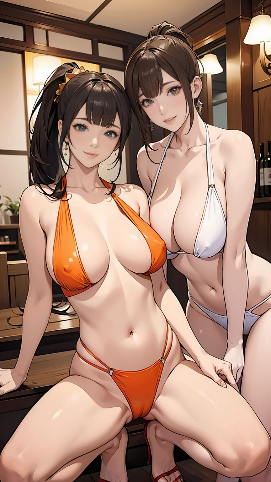 (highest quality, masterpiece:), ultra-high resolution, two women in swimsuit standing side by side, night, in the pub, Japanese model, young and beautiful gravure idol, squatting, spread legs:1.3, tight, wearing an orange color beautiful swimsuit, high leg, gigantic breasts, puffy nipple:1.4, bangs, wavy long hair, ponytail, earrings, beauty, victory smile, mature woman, please face forward and look at the camera,
