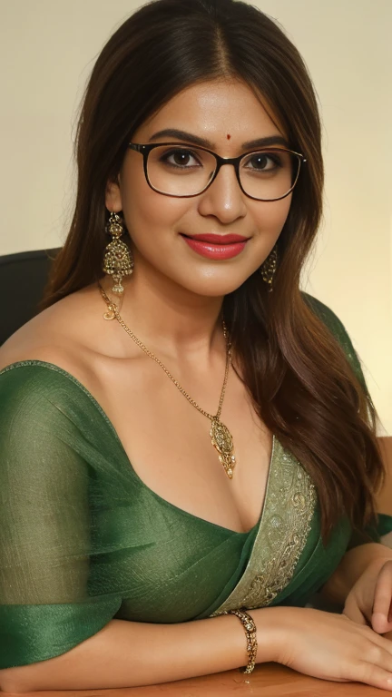 extreme close up photo of naked indian, big cheeks, hourglass figure, curvy, kneel down on all four on table in office, red lips, nerd glasses,big , necklace, sultry, green saree, look at viewer and subtle smile, (cinematic:1.3), intricate details, (ArtStation:1.2)