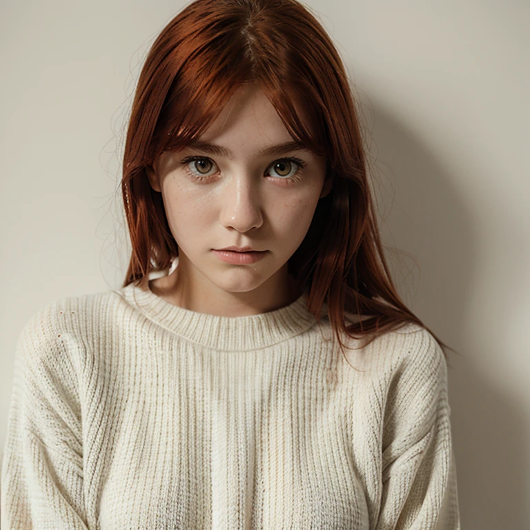 a  girl, red hair, red eyes, beautiful in a soft white sweater, blank look like she lost someone with a deep war background 