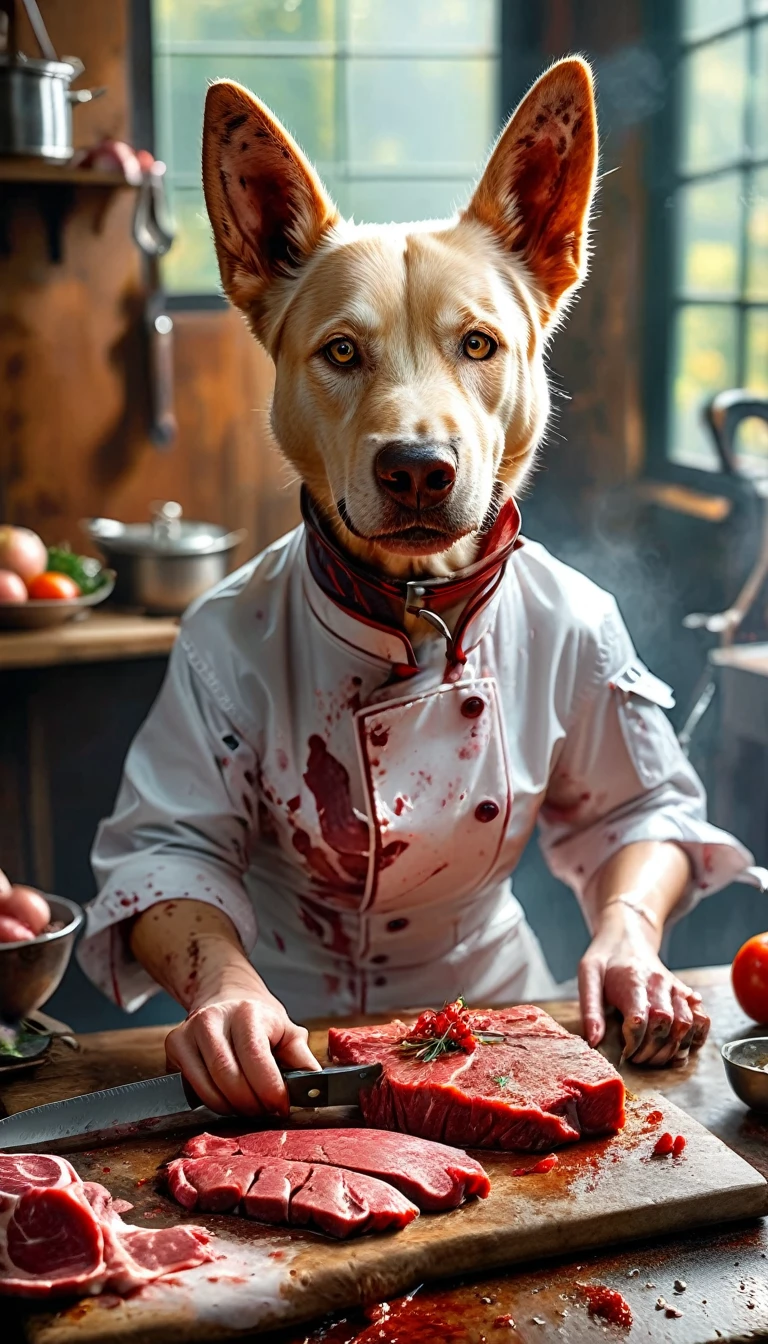 photo en gros plan (head dog :1.2) (Cutting meat with a knife on the table:1.2), (way:1.3), Cuisine Glasstech, ultra realistic, intricate details, (brumeux:1.1), View of&#39;down