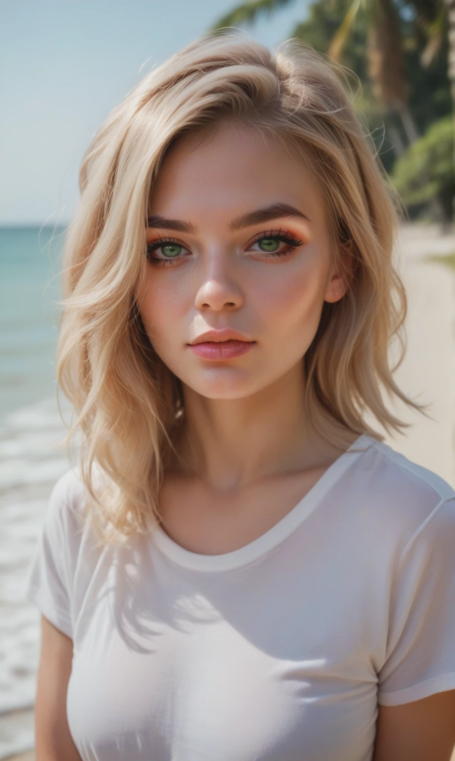 Portrait of a curvy blonde, bob hairstyle, light hair, round face, green eyes, very full lips, delicate makeup, pink lips, looking at viewer, wearing a white T-shirt, on the beach, sunny day