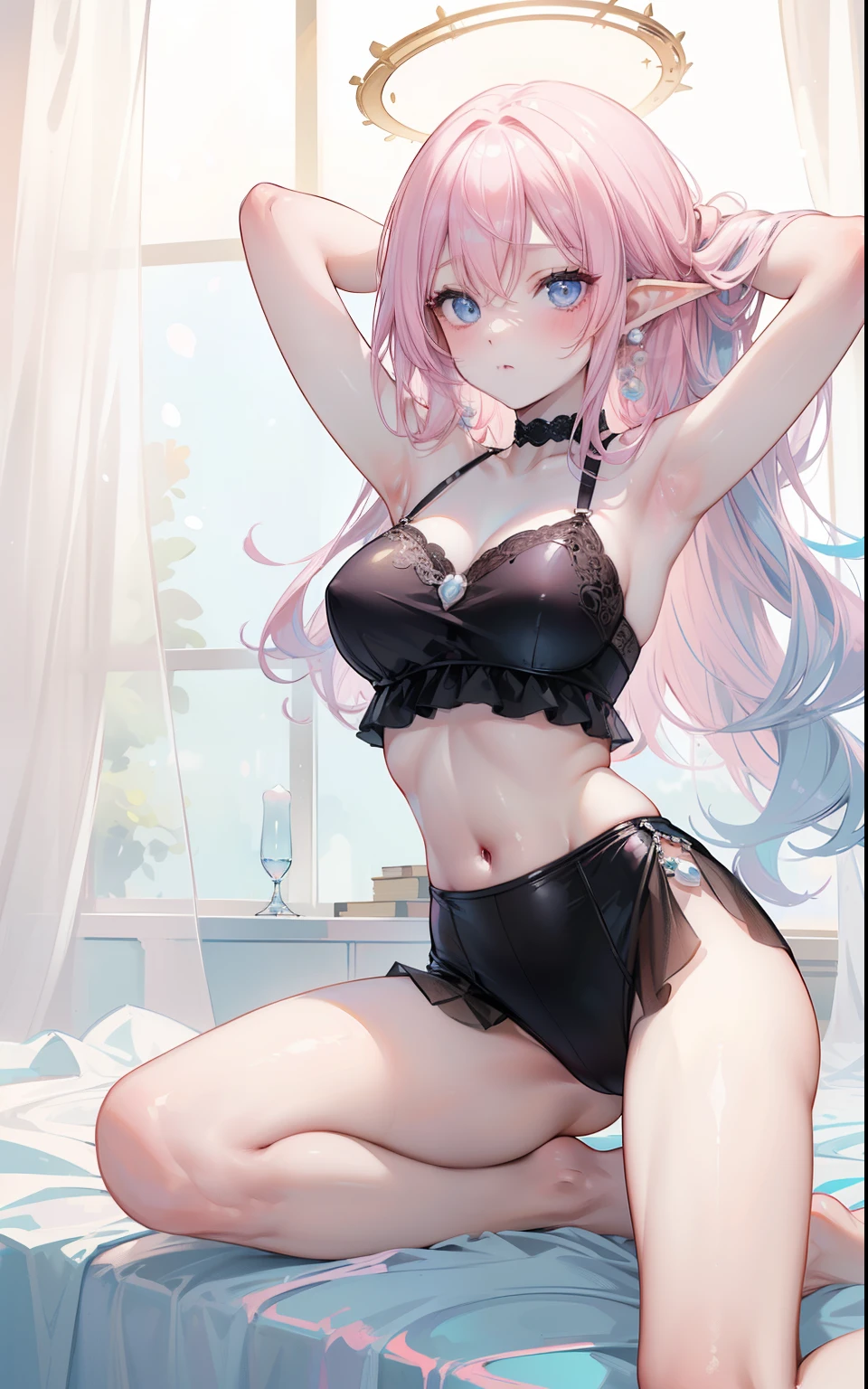 ((Elf girl)),((wavy hair, pink hair color, pale skin),(((light blue eyes))),, warm light,( ),busty,Glamour,Gorgeous,monochromes,erotic posing,Dynamic Posing,Arrange Pose,Dramatic,Cinematic,Detailed background, Dynamic Angle,From the angle of the film,Gothic background, Dark fantastic view,Best Quality,masutepiece,8K,The ultimate detailed dark background, Top image quality、RAW photography、超A high resolution,cropped shoulders, overall look is very erotic、Shot for one person only, model shoot, Large round chest, Beautiful Eyes of Details、Very slender eyes、Beautiful eyelashes、Very slim physique, with blush cheeks,Pearl Beaded Bralet bralette of transparent glass, ((pearl glass top)), ((bra of clear glass)), glass swimwear
