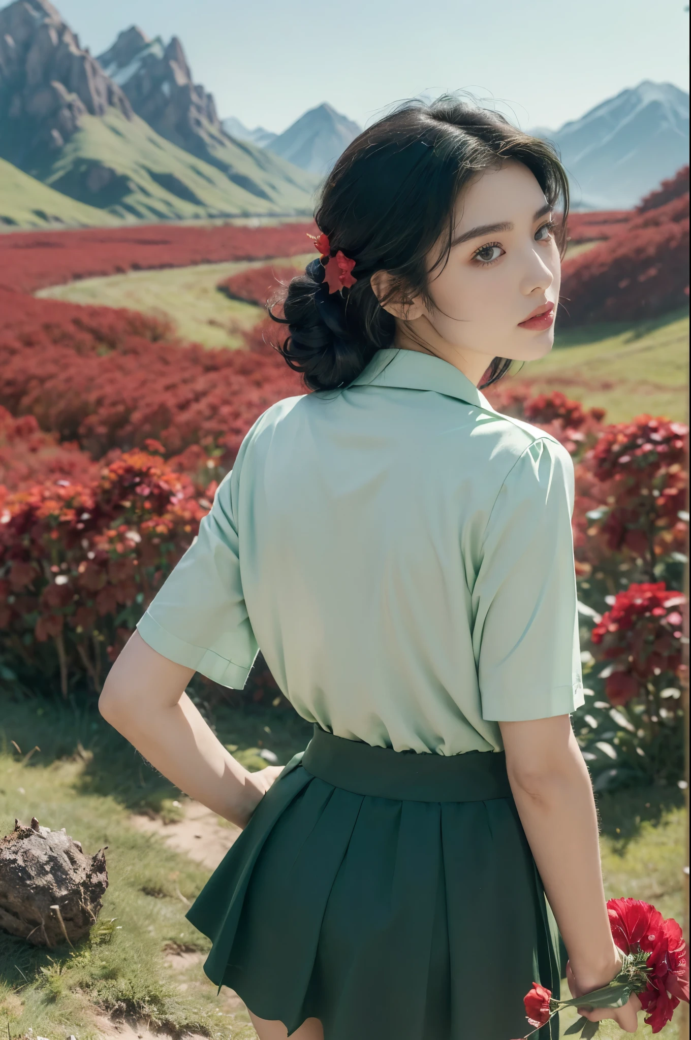 (((best quality))),(((ultra detailed))),(((masterpiece))),illustration,((1 beautiful girl,tomboy,solo)),(short black hair:1.3),((slim,thin)), vigorous, confident, (light green collared short-sleeved shirt:1.3), (dark green skirt:1.2),(standing:1.3),simplicity, robustness, strong features, (Abandoned Gobi Scene:1.3),(Rock surface:1.2),glowing eyes, rebellious, sensible, (mountainous landscape:1.3), (beside a vibrant red flower:1.3),elegance, unyielding spirit, youthful beauty, strength, resilience, adversity, challenges,((from back,upper body))
