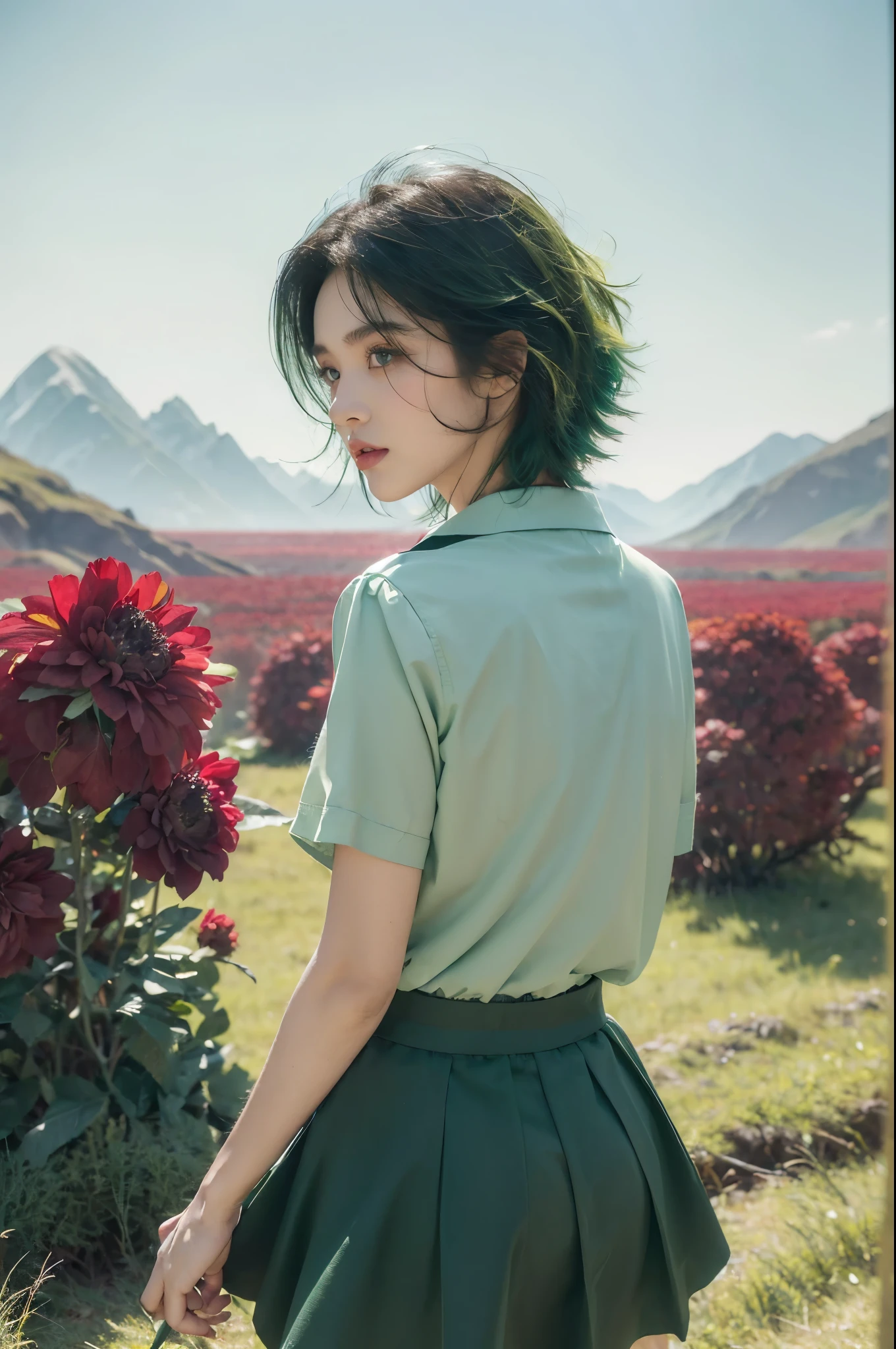 (((best quality))),(((ultra detailed))),(((masterpiece))),illustration,((1 beautiful girl,tomboy,solo)),(short black hair:1.3),((slim,thin)), vigorous, confident, (light green collared short-sleeved shirt:1.3), (dark green skirt:1.2),(standing:1.3),simplicity, robustness, strong features, (Abandoned Gobi Scene:1.3),(Rock surface:1.2),glowing eyes, rebellious, sensible, (mountainous landscape:1.3), (beside a vibrant red flower:1.3),elegance, unyielding spirit, youthful beauty, strength, resilience, adversity, challenges,((from back,upper body))
