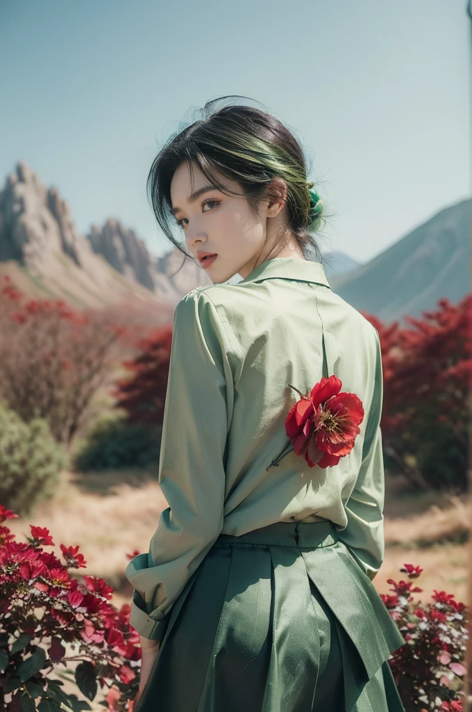 (((best quality))),(((ultra detailed))),(((masterpiece))),illustration,((1 beautiful girl,tomboy,solo)),(short black hair:1.3),((slim,thin)), vigorous, confident, (light green collared short-sleeved shirt:1.3), (dark green skirt:1.2),(standing:1.3),simplicity, robustness, strong features, (Abandoned Gobi Scene:1.3),(Rock surface:1.2),glowing eyes, rebellious, sensible, (mountainous landscape:1.3), (beside a vibrant red flower:1.3),elegance, unyielding spirit, youthful beauty, strength, resilience, adversity, challenges,((from back,upper body))