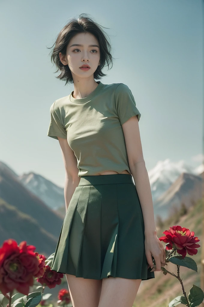 (((best quality))),(((ultra detailed))),(((masterpiece))),illustration,((1 beautiful girl,tomboy,solo)),(short black hair:1.3),((slim,thin)),((small breasts,thin)), vigorous, confident, (light green collared short-sleeved shirt:1.3), (dark green skirt:1.2),(slender legs:1.2),(standing:1.3),simplicity, robustness, strong features, (Abandoned Gobi Scene:1.3),(Rock surface:1.2),glowing eyes, rebellious, sensible, (mountainous landscape:1.3), (beside a vibrant red flower:1.3),elegance, unyielding spirit, youthful beauty, strength, resilience, adversity, challenges,((from front,upper body))