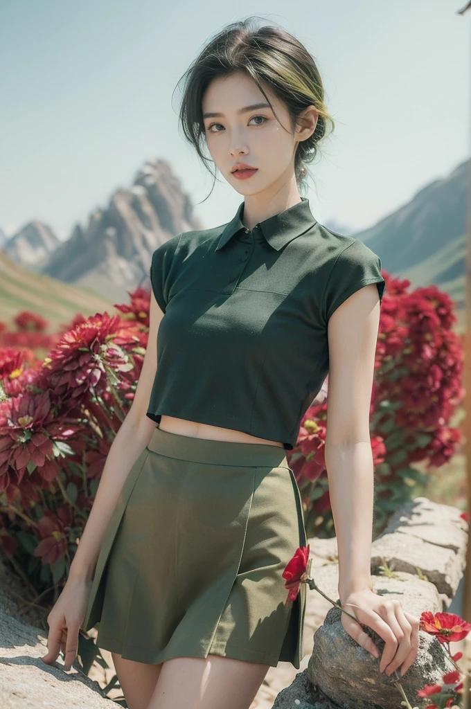 (((best quality))),(((ultra detailed))),(((masterpiece))),illustration,((1 beautiful girl,tomboy,solo)),(short black hair:1.3),((slim,thin)),((small breasts,thin)), vigorous, confident, (light green collared short-sleeved shirt:1.3), (dark green skirt:1.2),(slender legs:1.2),(standing:1.3),simplicity, robustness, strong features, (Abandoned Gobi Scene:1.3),(Rock surface:1.2),glowing eyes, rebellious, sensible, (mountainous landscape:1.3), (beside a vibrant red flower:1.3),elegance, unyielding spirit, youthful beauty, strength, resilience, adversity, challenges,((from front,upper body))