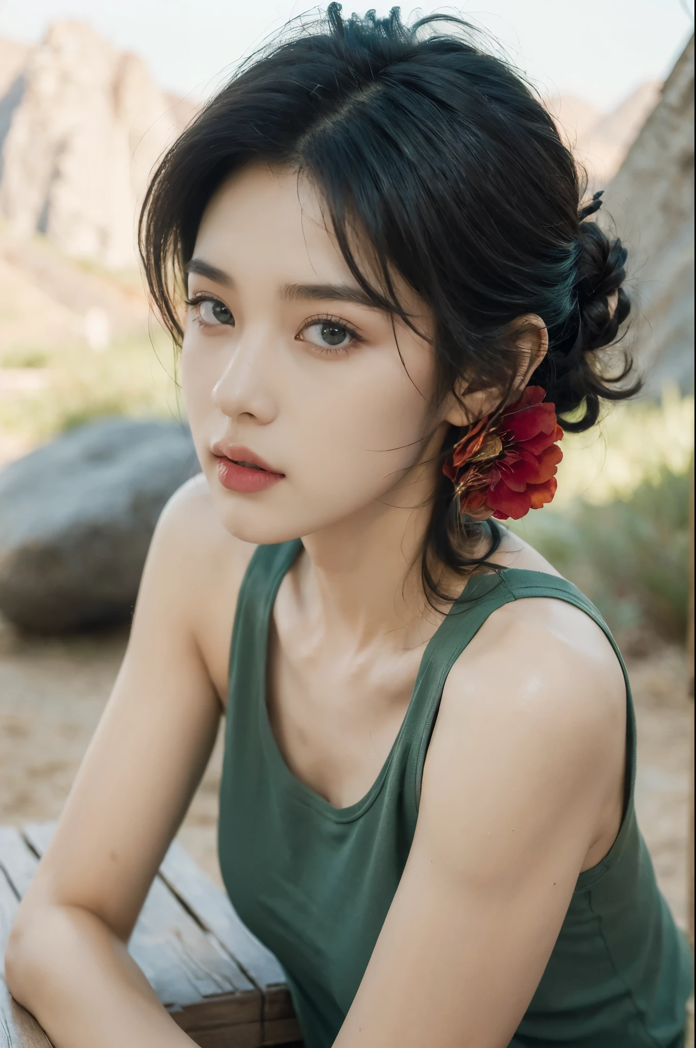 (((best quality))),(((ultra detailed))),(((masterpiece))),illustration,((1 beautiful girl,tomboy,solo)),(short black hair:1.3),((slim,thin)),((small breasts,thin)), vigorous, confident, (green tank top:1.3),simplicity, robustness, strong features, (Abandoned Gobi Scene:1.3),(Rock surface:1.2),glowing eyes, rebellious, sensible, (mountainous landscape:1.3), (beside a vibrant red flower:1.3),elegance, unyielding spirit, youthful beauty, strength, resilience, adversity, challenges,((from front,close-up of face))