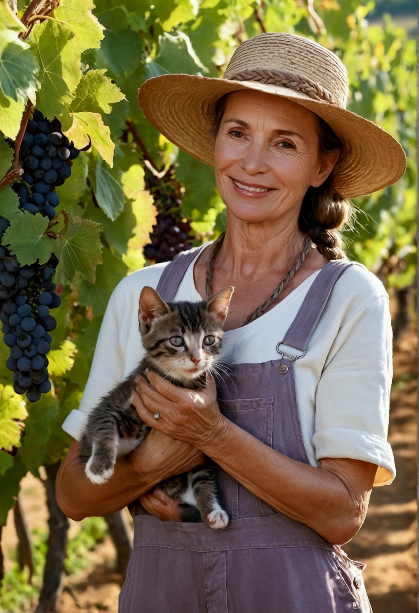 8k quality, high-definition realism, Provence, France, summer sky, spacious vineyards, a middle-aged woman with braided brunette hair, wearing beige overalls and a straw hat, tending to grape vines with a towel around her neck, a small kitten playing at her feet, the camera focuses on the woman and the kitten, the woman is sweating, smiling and looking happy, the background is the dancing morning light of Provence, slightly backlit, the shadows are dark.
