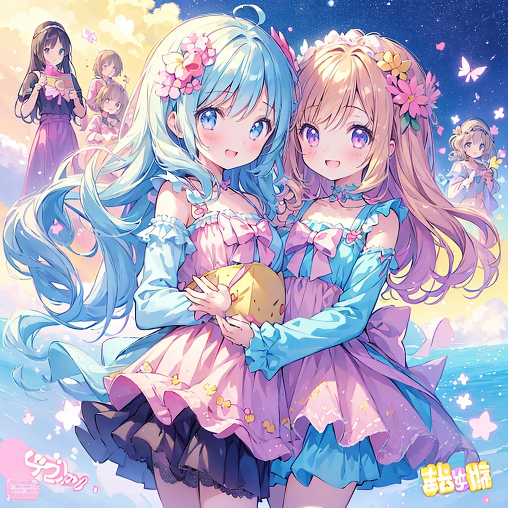 masterpiece, (2girls and 2girls and 2girls and 2girls), idol, closeup, big eyes, kawaiitech, kawaii, cute, pastel colors, best quality, happy, deep background, symmetrical, tilted head, spring, cover, title、cupidtech

