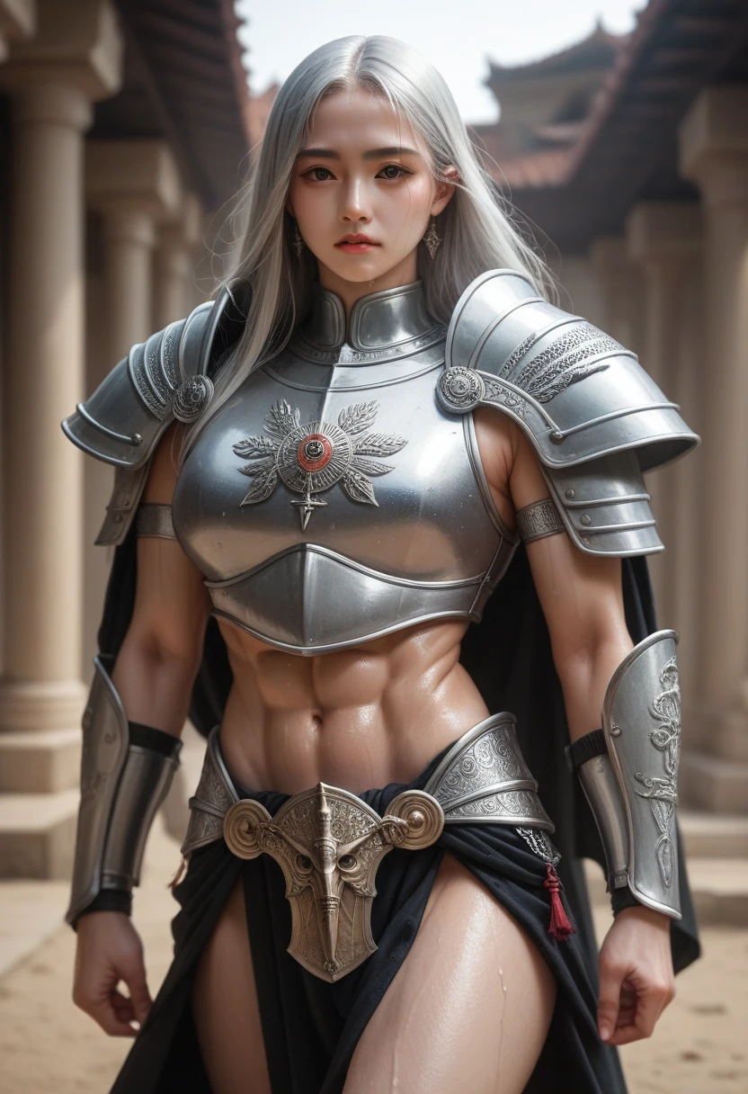 pale skin, detailed beautiful young Korean woman, black long silky hair,medeival age warrior clad in silver breastplate and midriff and thighs exposed and sweaty getting stabbed in the abs by a valiant soldier,on a chariot