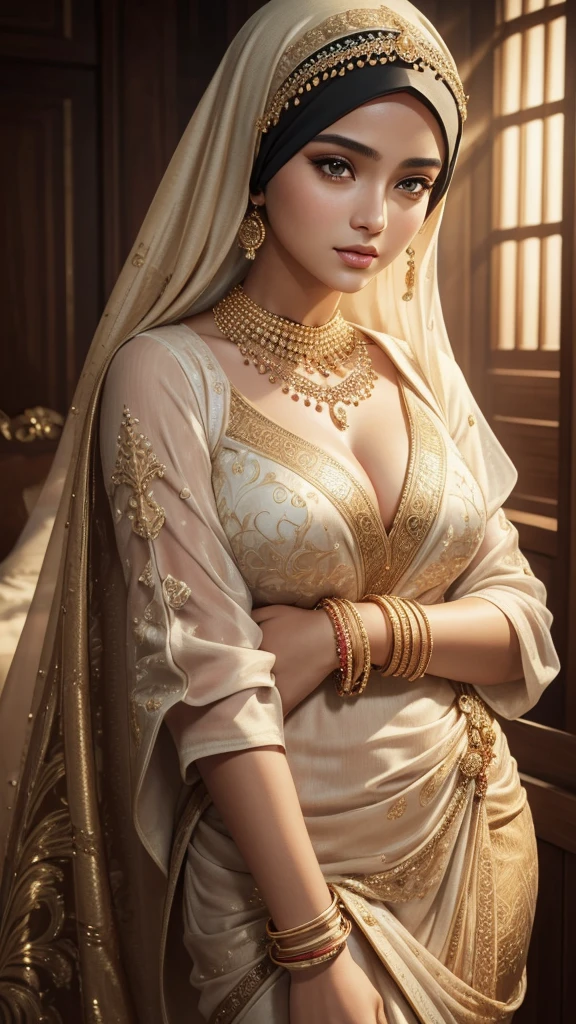 a beautiful young hijabi girl, , extremely detailed face, expressive eyes, luscious lips, voluptuous figure, wearing a sexy white kebaya and batik, golden bangles, bracelets, necklaces, swiss golden watch, riding horses, equestrian, cinematic, elegant, feminine, luxurious, (best quality,4k,8k,highres,masterpiece:1.2),ultra-detailed,(realistic,photorealistic,photo-realistic:1.37),intricate details,highly detailed,dramatic lighting,warm color tones,soft focus,elegant composition,striking pose,vivid colors
