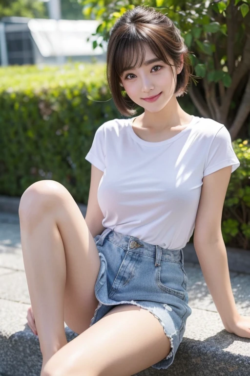 (One Girl), Very cute face, Great face and eyes, (Highly detailed eyes, Highly detailed face), Fresh, Very beautiful appearance, (Ultra-realistic, High resolution), (Highest quality:1.4), RAW Photos, (Realistic, Photorealistic:1.37), Professional photography,Leg Details、(Spread your legs:0.9)、(Lace panties:0.9)、、city、Outdoor、Big Breasts、Casual clothing、T-Shirts、Plain、skirt、whole body、short hair、Tanuki face、smile