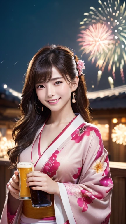 High resolution, (((Highest quality, Highest quality, 8k, masterpiece: 1.3)), Perfect Style, Highly detailed face and skin texture, Detailed eyes, double eyelid, Pale Cheeks, Glowing Skin, Fair skin: 1.2, Shiny little collar and earrings, Glossy Lips: 1.4, (Cowboy Shot), ( Pure girl: 1.2), (Yukata with pink floral pattern、kimono), ( Dark brown hair), (A very seductive smile: 1.2),(Natural Breasts), ((Cheering beer)),holding a beer mug, Clean background、((Fireworks bursting into the sky))、night、garden、((Properly dressed))