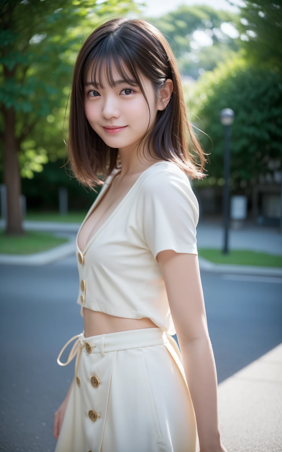 （8k、live-action、Raw photo、Highest quality、masterpiece：1.2),(Town, summer, Outdoors,Front lighting:1.2),((Perfect lighting)),(濡れたhair),smile,(Standing pose:1.4), strong,(Erotic),18-year-old,student,White skin,knees,Small Face,前hairを真ん中から分けます、The forehead is visible,skinny,skinny)、masterpiece,Highest quality、超A high resolution,One person, solo,Close-up shot、cute、Back to Students,(Cool button gap:1.3),High school girl,Japanese women,（フォトReal：1.37）、Photon Mapping,Realistic、cuteSmall Face,Brown eyes、prospect、Depth of written boundary、Blurred Background、Real,(前hairが見える), hair, kneesが見える, thigh,(Nogizaka Idol), actress、Big and ample breasts、Cleavage、Super fine、Low people、(Skin with visible pores:1.2)、(Focus on the face)、Natural neck、Check and correct the skeleton