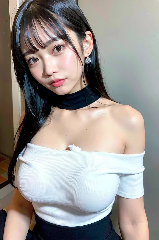 best quality, ultra high res, (photorealistic:1.4), 1girl, off-shoulder white shirt, black tight skirt, black choker, (faded ash gray hair:1), (huge breasts:1.2), looking at viewer, closeup ,