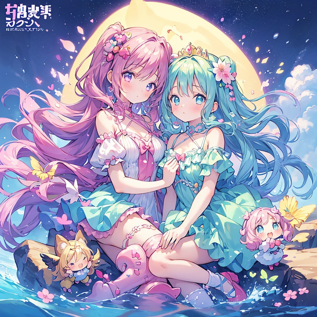 masterpiece, (2girls and 2girls and 2girls and 2girls), idol, closeup, big eyes, kawaiitech, kawaii, cute, pastel colors, best quality, happy, deep background, symmetrical, tilted head, spring, cover, title、cupidtech
