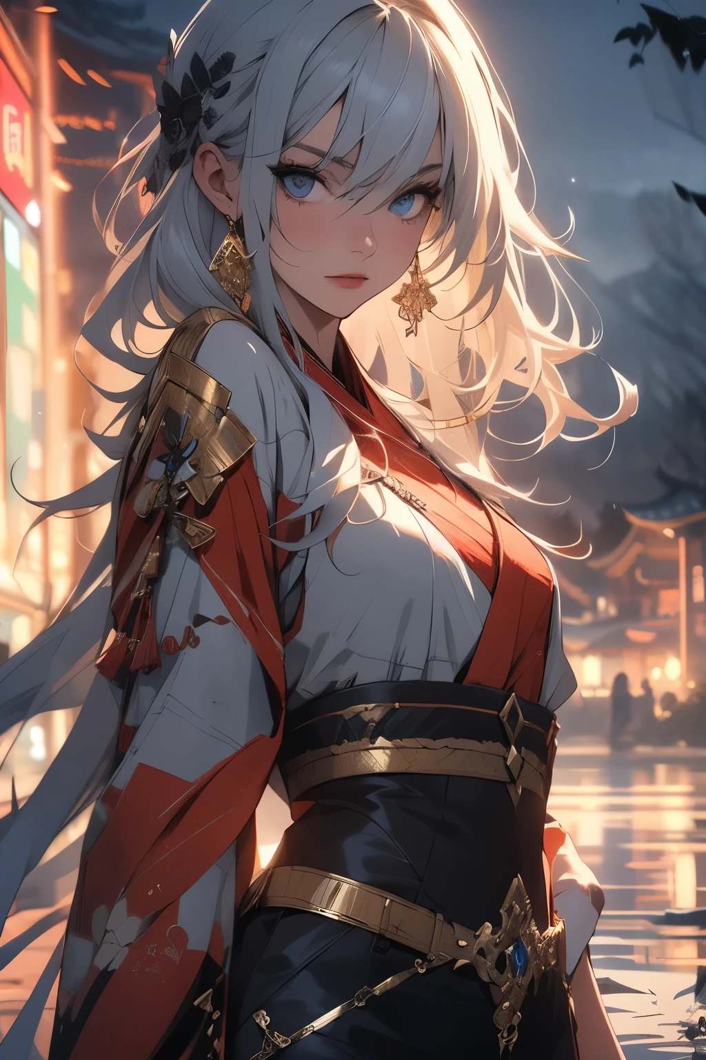 ((best quality)), ((masterpiece)), (detailed), Photorealistic, high resolution, mature woman, Hips up, Beautiful eyes, , Blue eyes, jewelry, Hanfu, Chinese fairy, Taoist uniform, เสื้อผ้าขนาดใหญ่, Curtain Bangs, white hair, หน้าอกใหญ่, HDR (high dynamic range), After processing, Anisotropic filtration,depth of field, Maximum clarity and clarity, multi-layered surface, perfect proportions, 8K raw files, กระโปรงสั้น, natural lighting, soft lighting, sunlight, night life