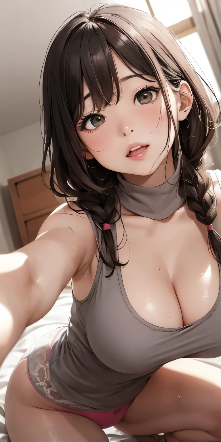 、My chest is wet with sweat、Background bedroom、See through、((Squat))(Open mouth cum face)、Braided hair、Cute Face、Realistically、(Two 29-year-old women hugging each other, Emphasize cleavage)、He is wearing a grey and yellow sleeveless turtleneck T-shirt,,Big Breasts,Emphasize cleavageする,Looking up from below,blush,moist pink lips,sexy,Own,Please open your mouth wide、Place your arms behind your head、Wear underwear