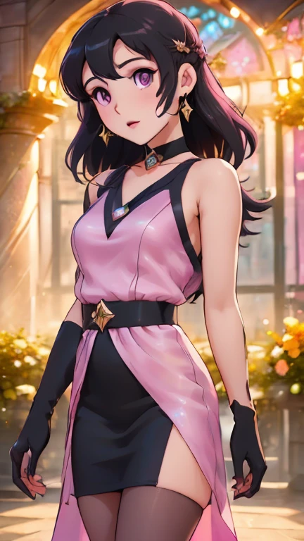 (Numerous award-winning masterpieces, with incredible details), ((Extremely beautifull 16 years young girl's face)), (extremely detailed realistic face features), (16 years girl's face), (beutiful eyes), ((finely detailed true circle Symmetrical grey purple eyes)), (She has a meloncholic face), (A majestic sight), (very long dark black hair that faids to dark orange: 1.6), (dark pink fantasy celestial outfit: 1.7), gracefull sight, golden decorations, dark pink hair accesory,